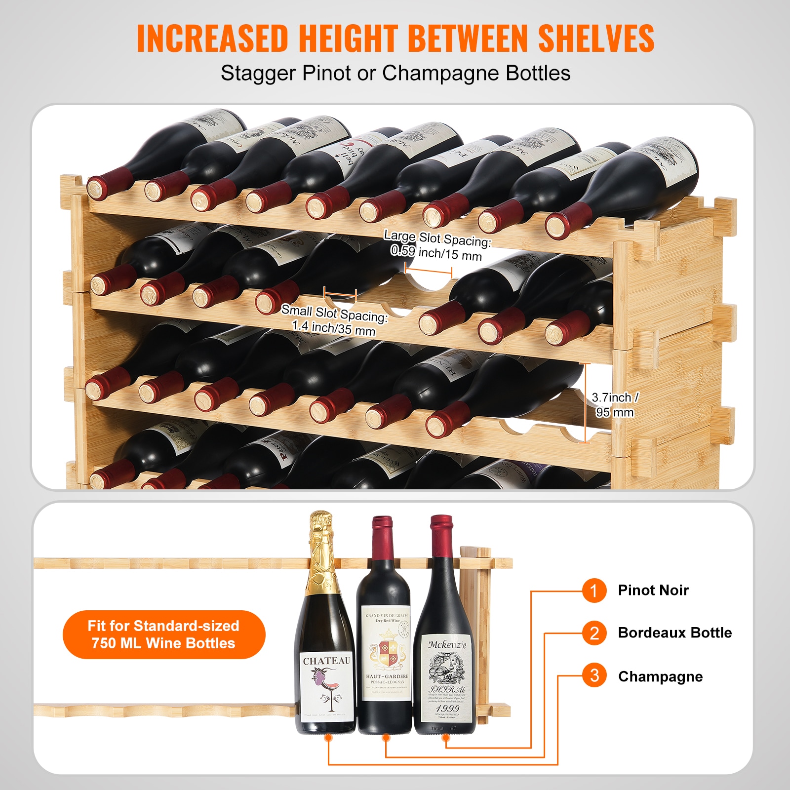 36 Bottle Stackable Modular Wine Rack Bamboo Wood Display Shelf 4-Tier_voghion.com